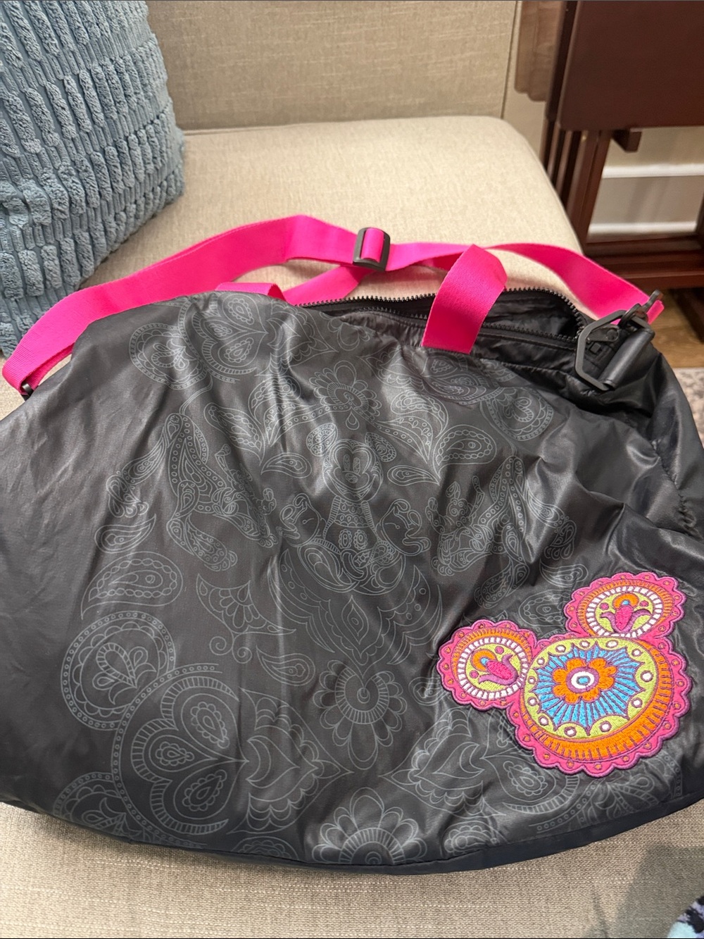 Stylish Black Tote with Pink Strap and Embroidered Accent of Mickey Mouse Disney